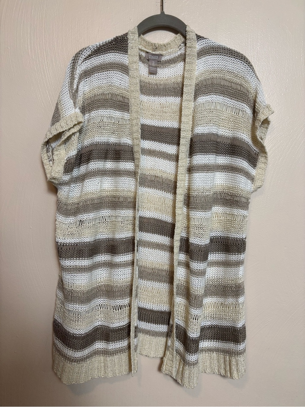 Chico's Women’s Cardigan Open Front Shirt Sleeve Stripe Tan Beige Size 3 XL